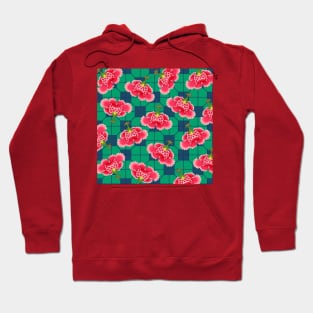 Chinese Vintage Pink and Red Flowers with Green and Blue Tile - Hong Kong Traditional Floral Pattern Hoodie